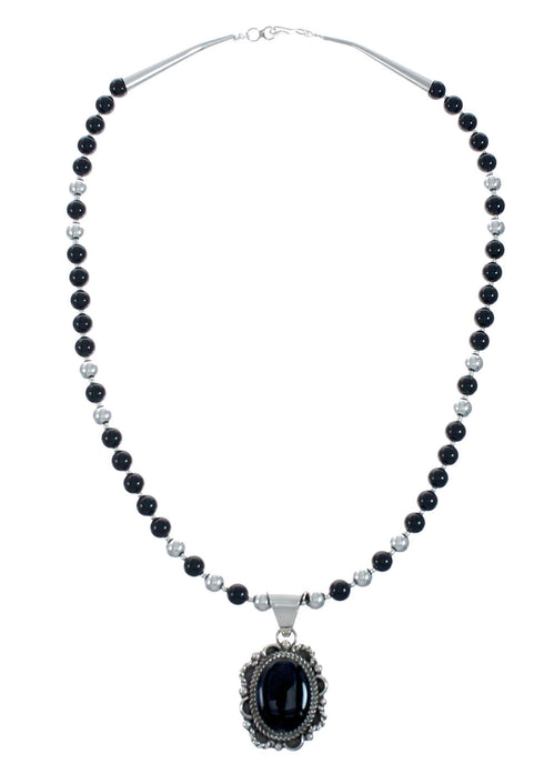 Native American Navajo Onyx Sterling Silver Bead Necklace X11195